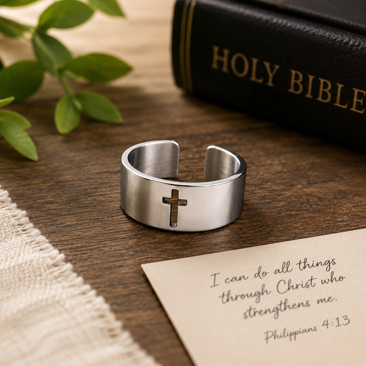 Stainless Steel Cross Band Ring | Adjustable Christian Faith Ring