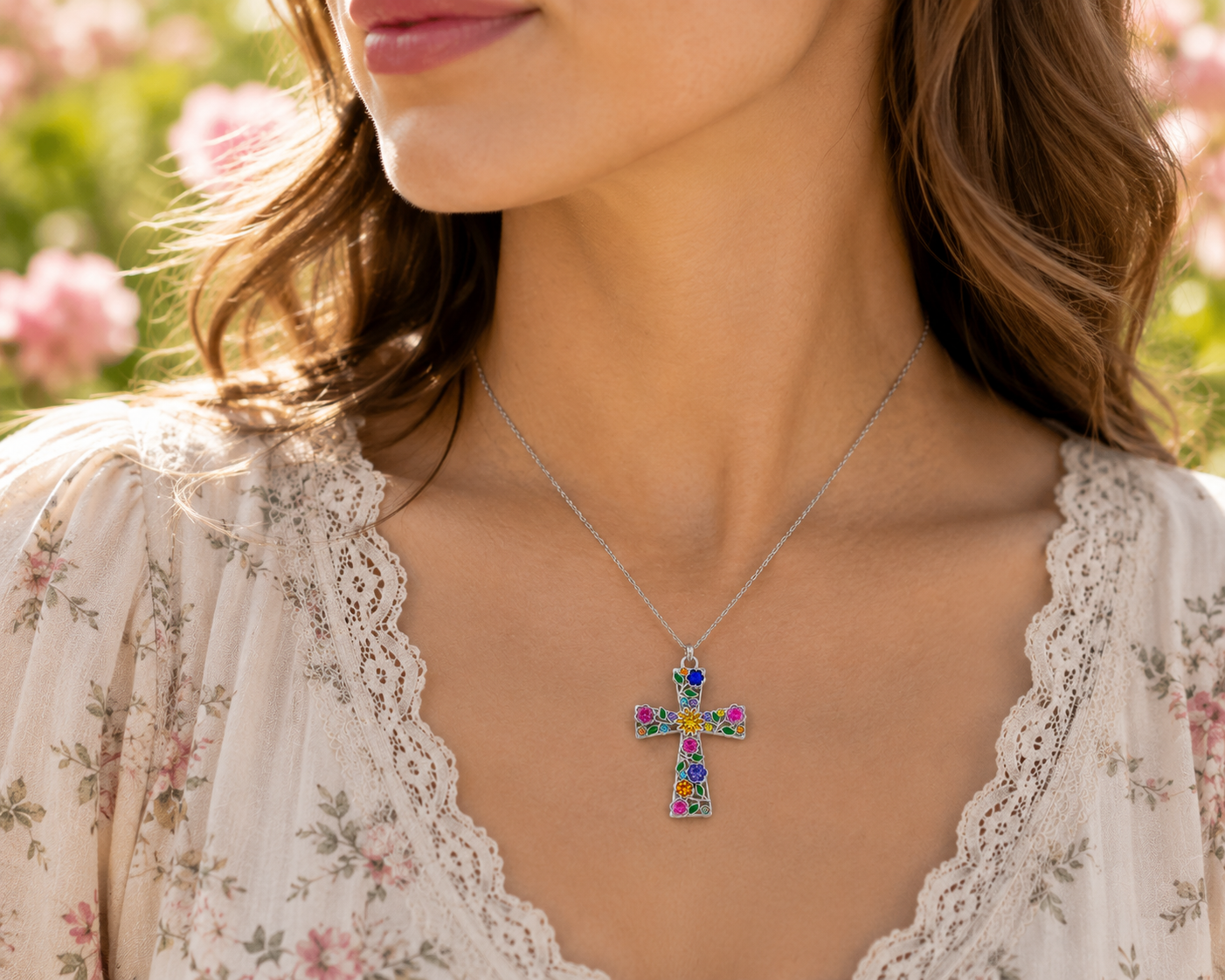 Floral Cross Pendant Necklace | Colorful Christian Flower Cross | Faith Jewelry Gift