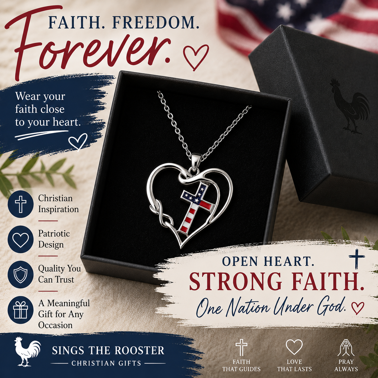 American Flag Cross Heart Necklace | Patriotic Christian Pendant