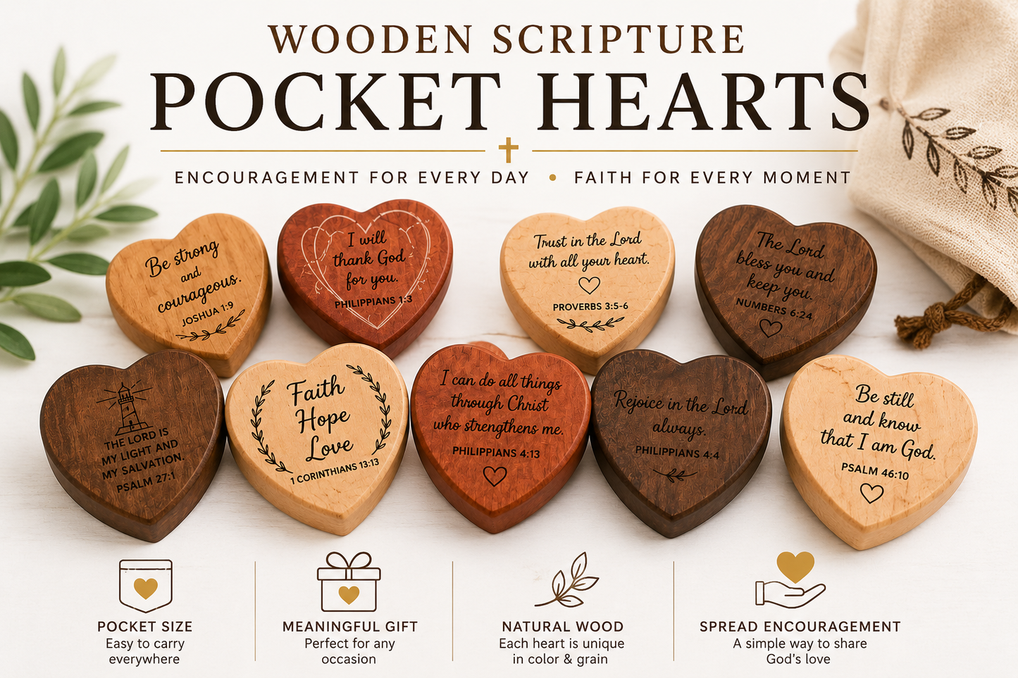 Wooden Scripture Pocket Hearts...Christian Encouragement Tokens