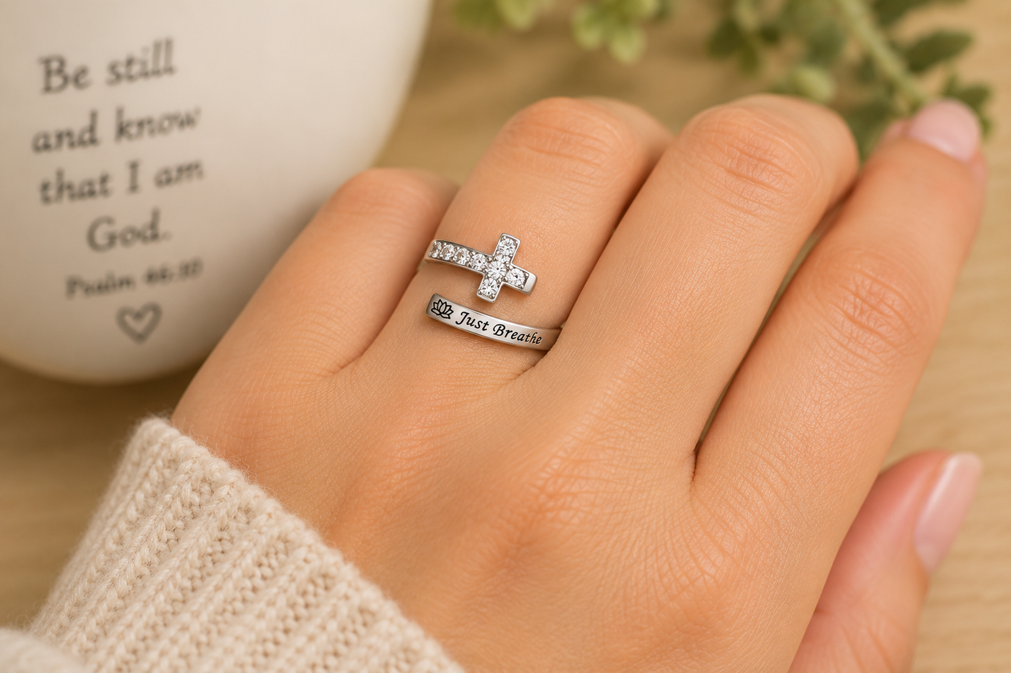 Just Breathe Cross Ring | Adjustable Christian Faith Ring | Stainless Steel