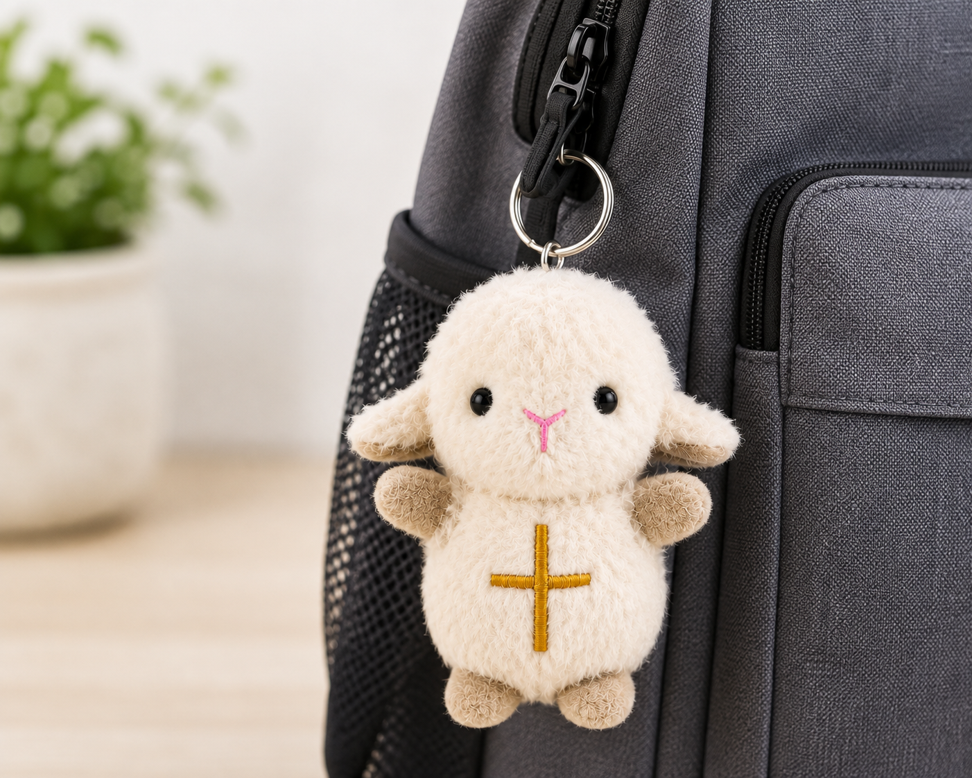 Plush Lamb with Cross Keychain