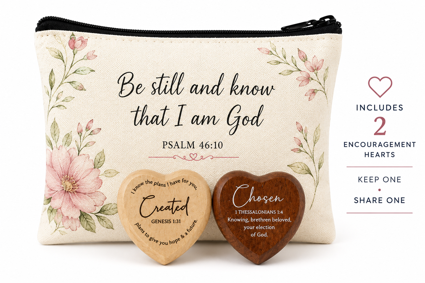 Christian Canvas Zipper Pouch Gift Set with 2 Wooden Encouragement Hearts | Keep One, Give One