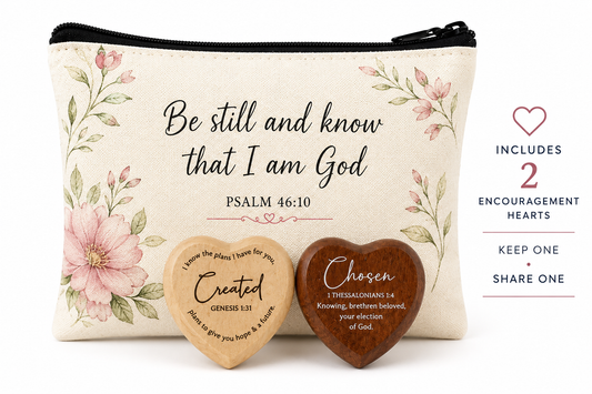 Christian Canvas Zipper Pouch Gift Set with 2 Wooden Encouragement Hearts | Keep One, Give One