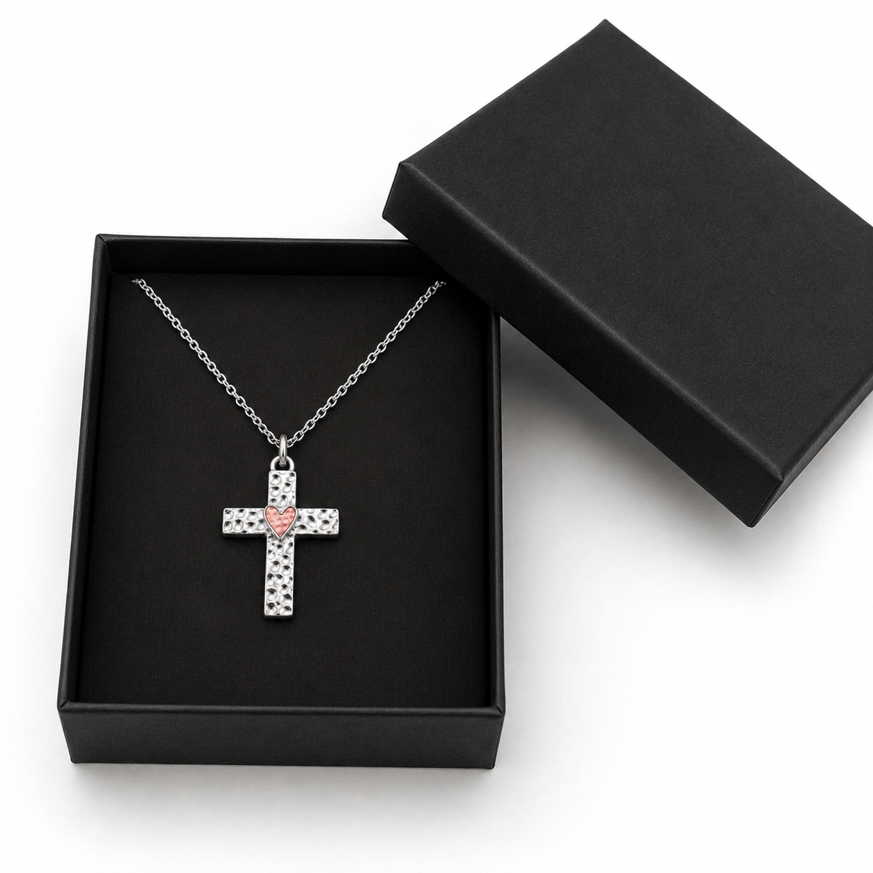 Hammered Cross Necklace with Heart | Christian Faith Pendant