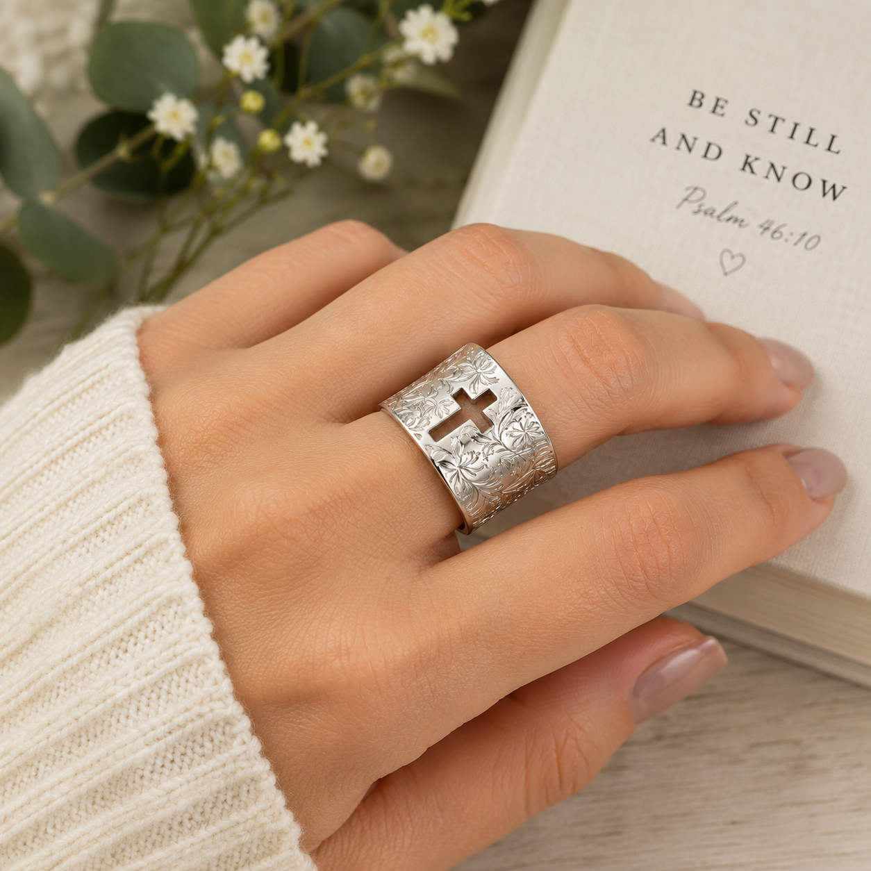 Engraved Cross Wide Band Ring | Adjustable Stainless Steel Christian Statement Ring