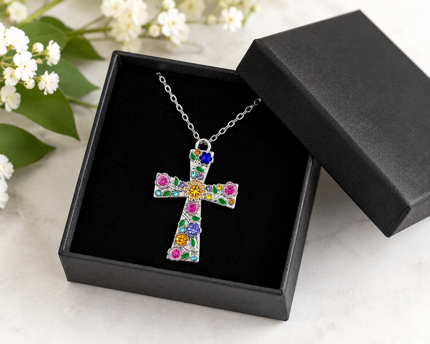 Floral Cross Pendant Necklace | Colorful Christian Flower Cross | Faith Jewelry Gift