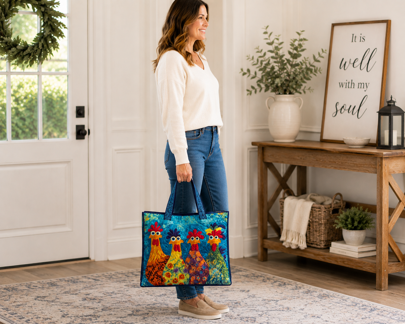 Colorful Quilted Rooster Tote Bag | Carryall - Blue