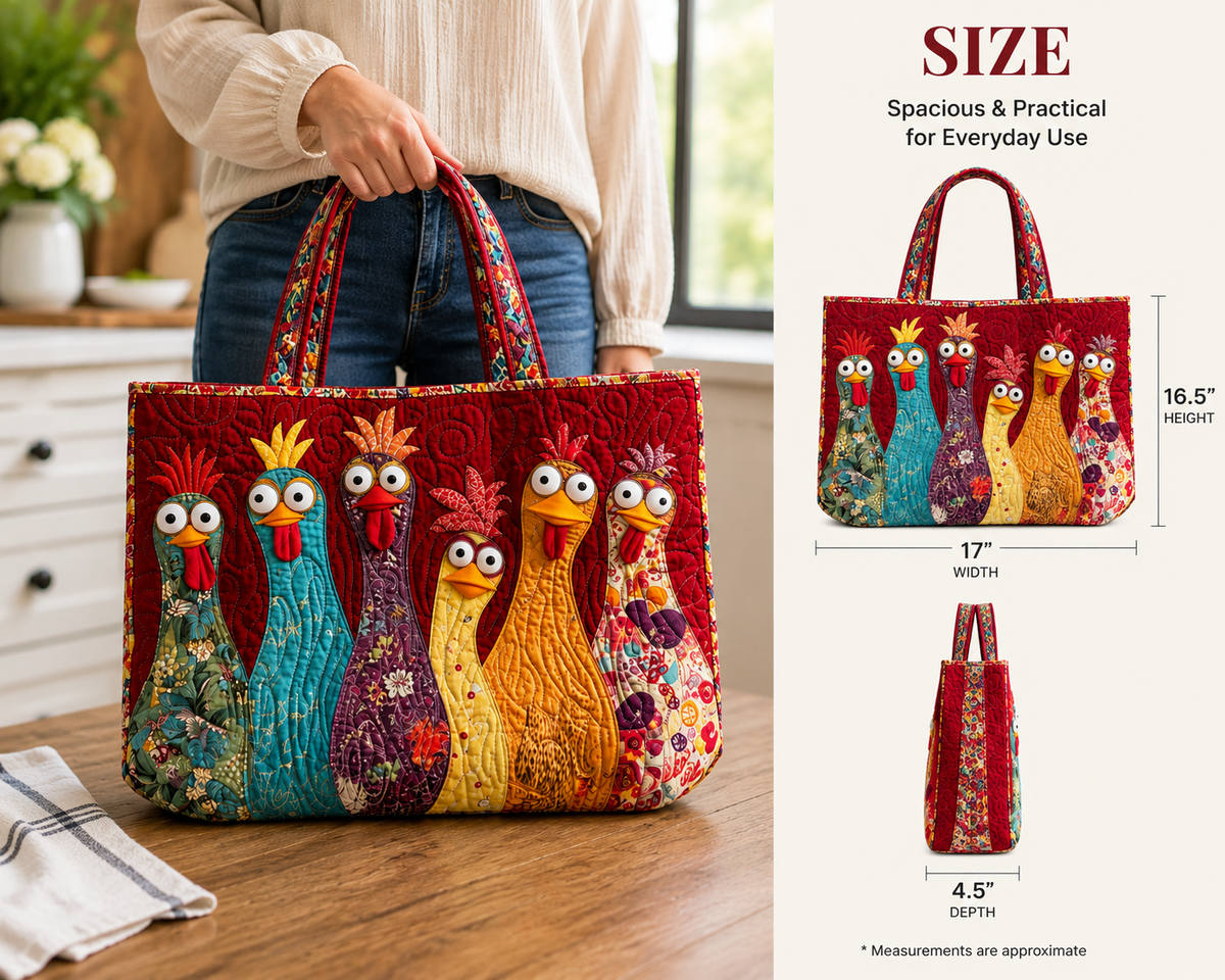 Colorful Quilted Rooster Tote Bag | Carryall - Red