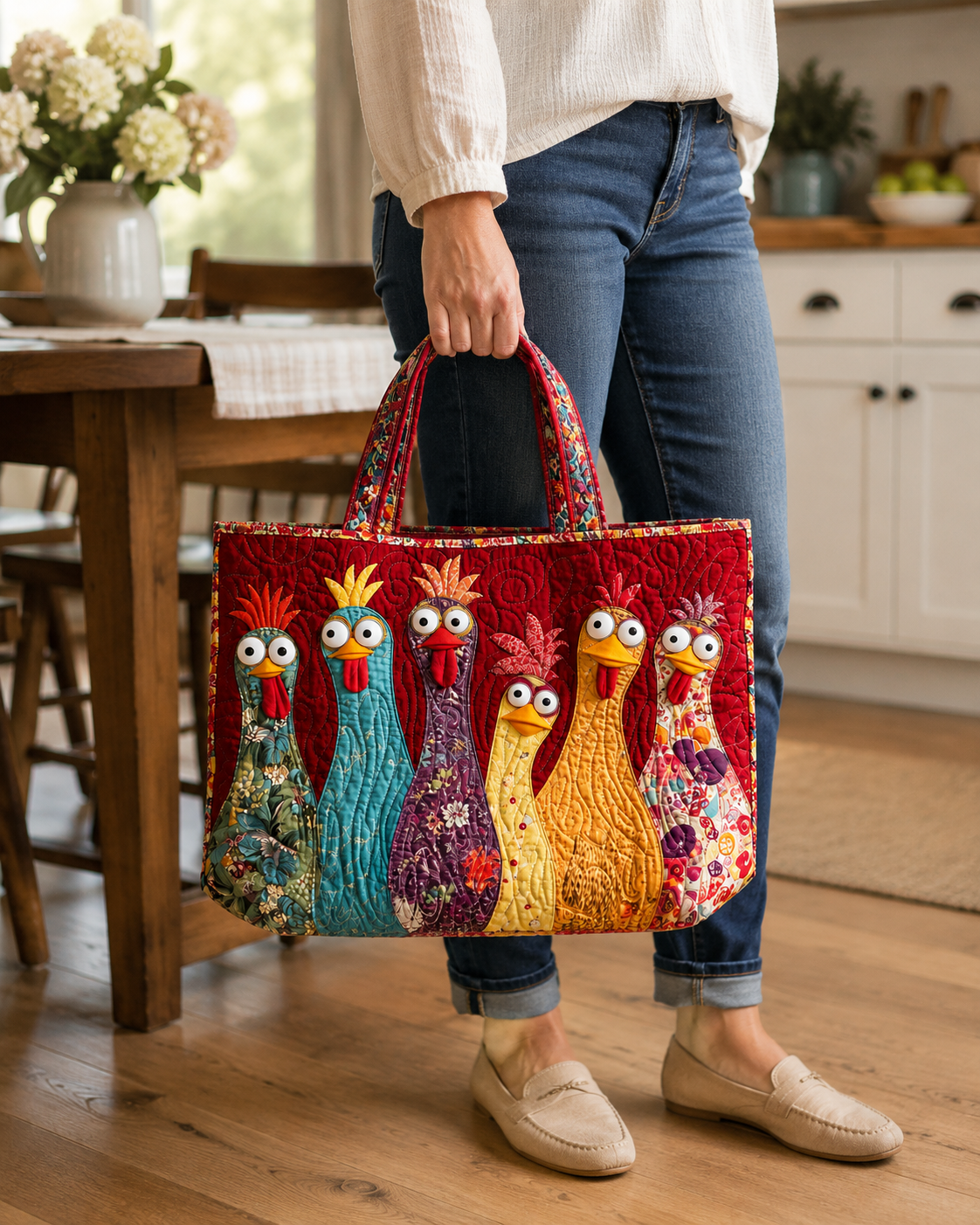 Colorful Quilted Rooster Tote Bag | Carryall - Red