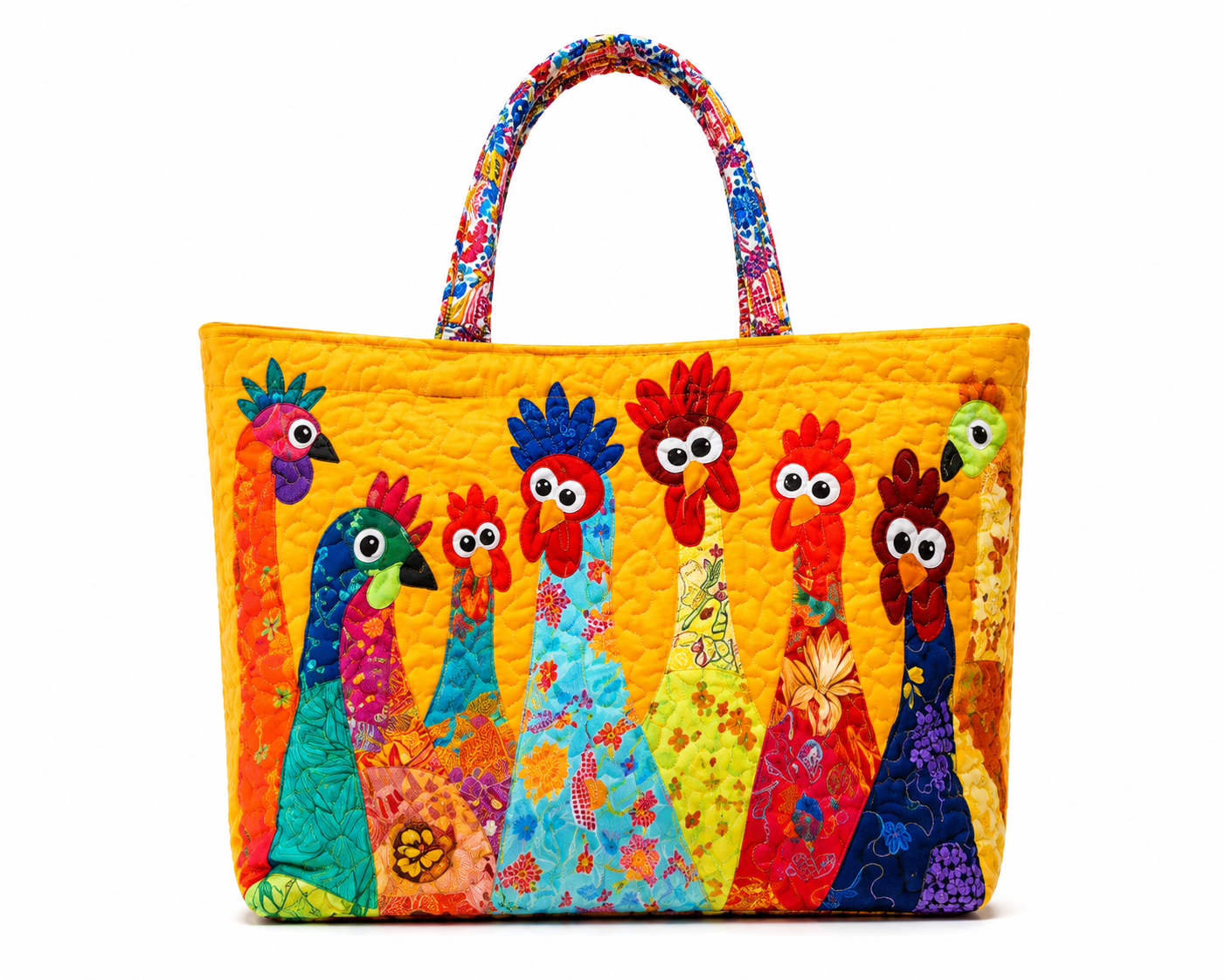 Colorful Quilted Rooster Tote Bag | Large Patchwork Carryall