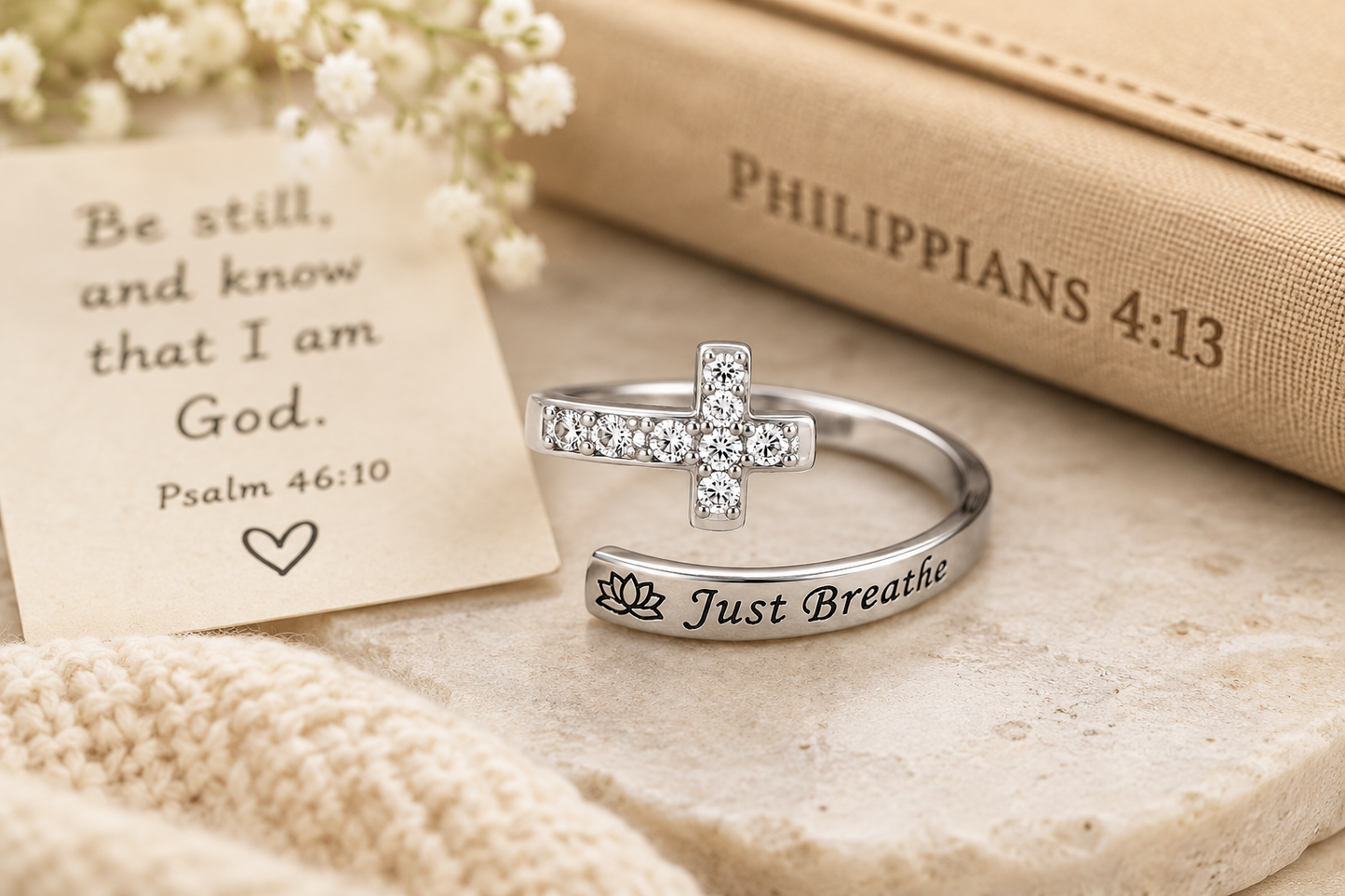 Just Breathe Cross Ring | Adjustable Christian Faith Ring | Stainless Steel