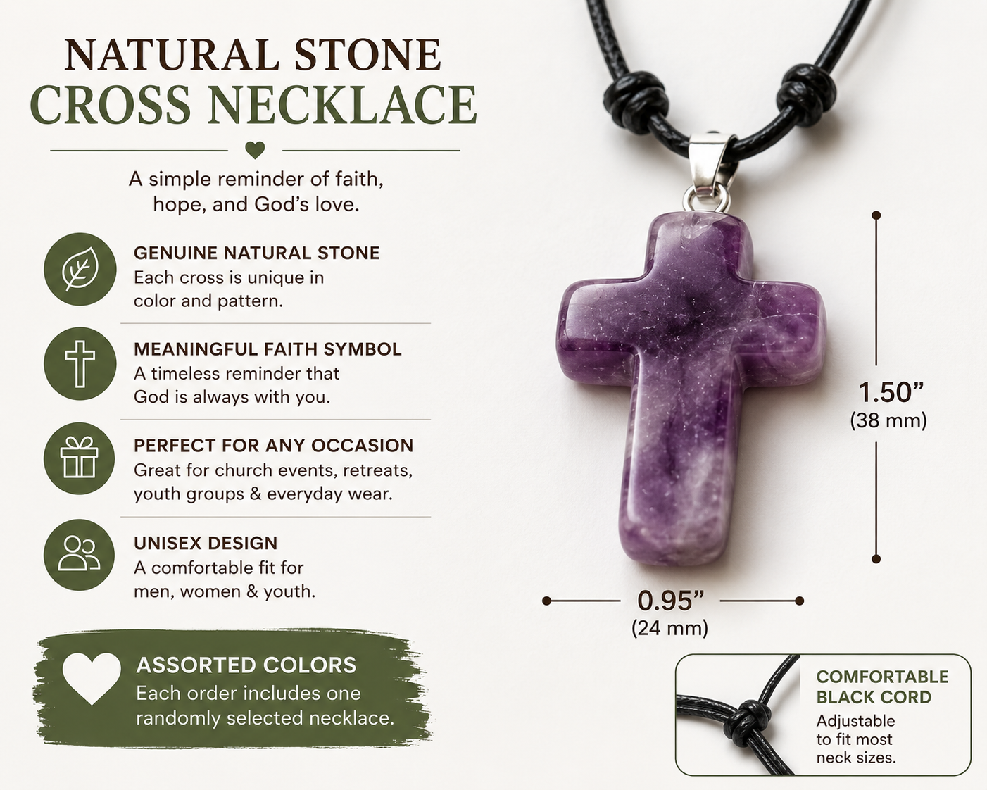 Natural Stone Cross Necklace | Assorted Colors Christian Faith Necklace