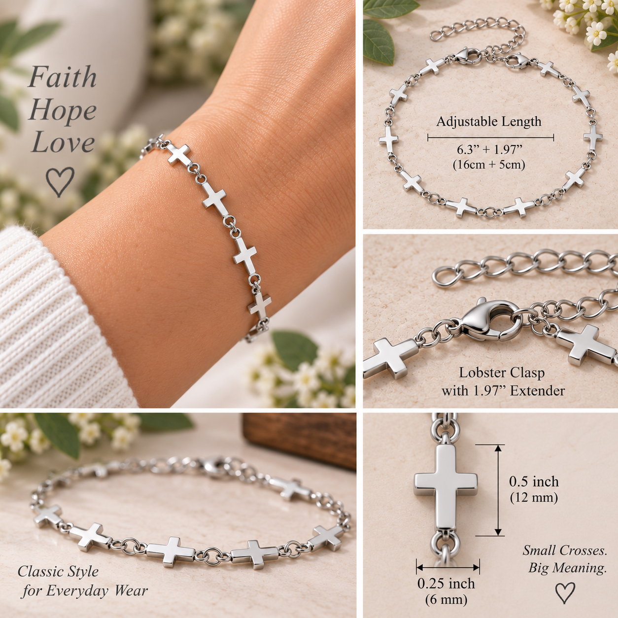 Silver Cross Bracelet – Stainless Steel Adjustable Christian Bracelet