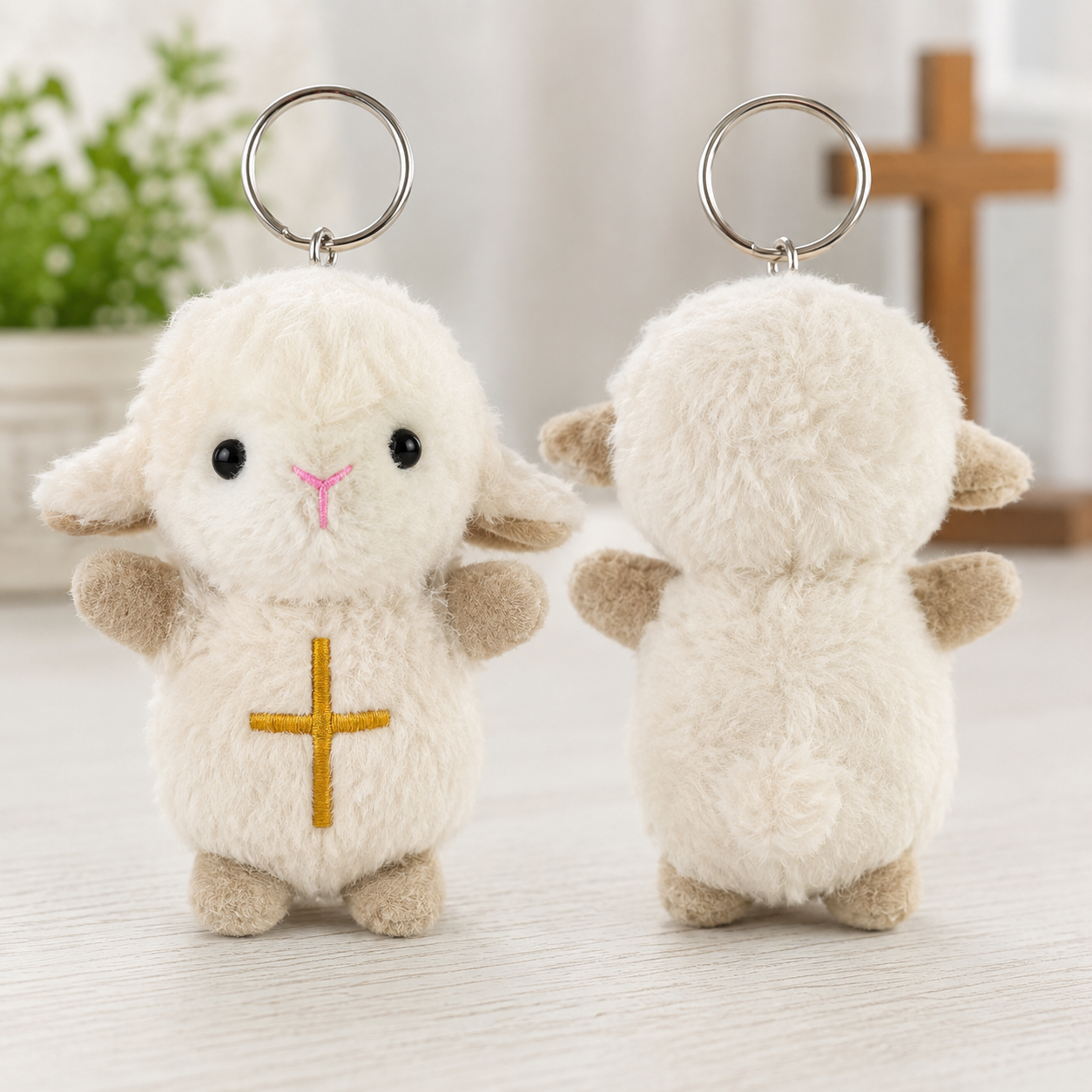 Plush Lamb with Cross Keychain