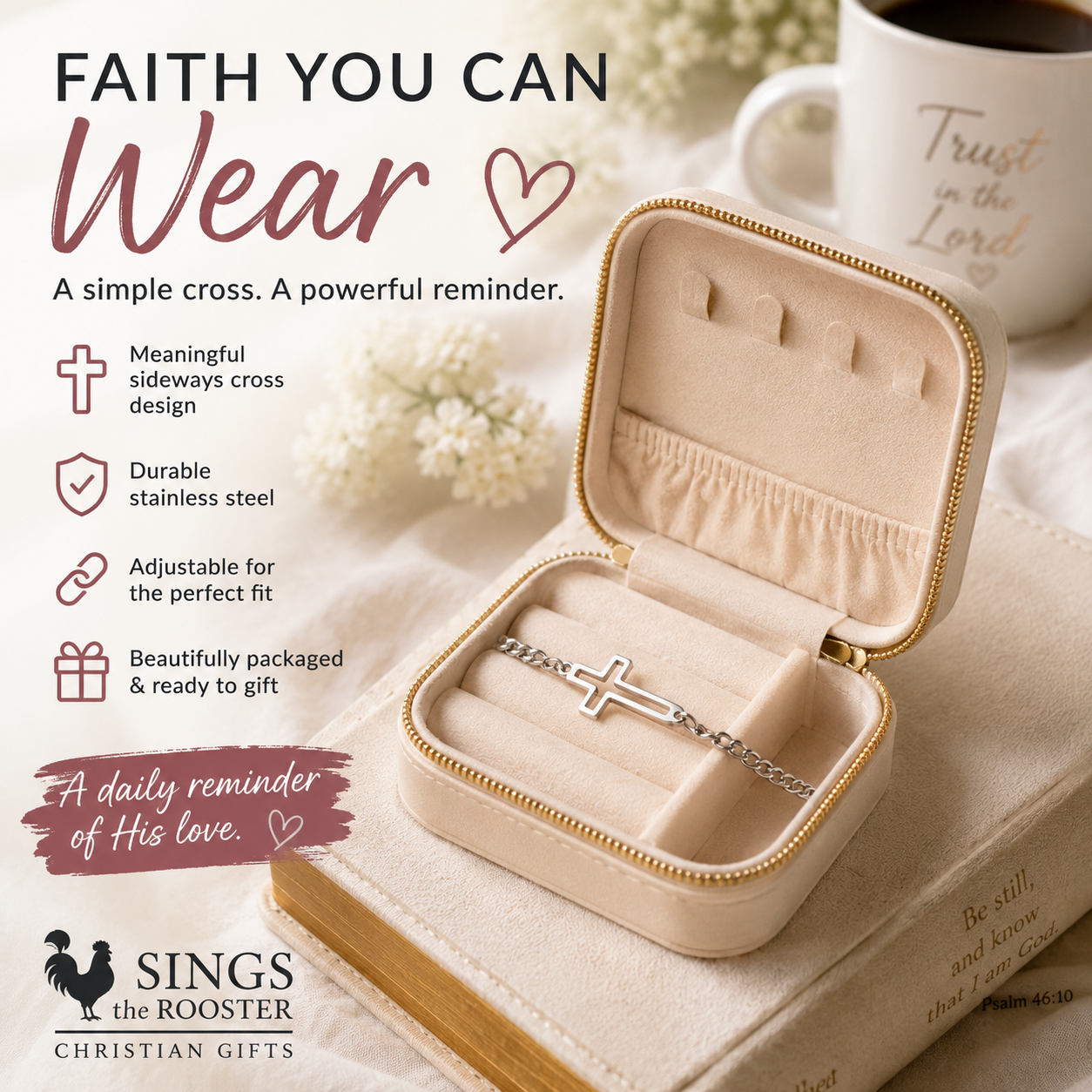 Stainless Steel Open Cross Bracelet | Adjustable Christian Faith Bracelet