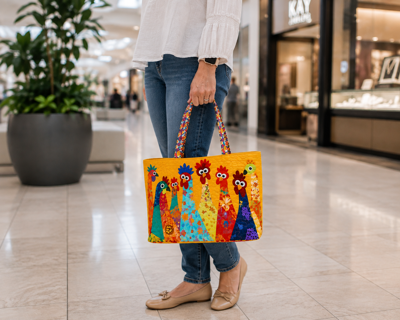 Colorful Quilted Rooster Tote Bag | Large Patchwork Carryall