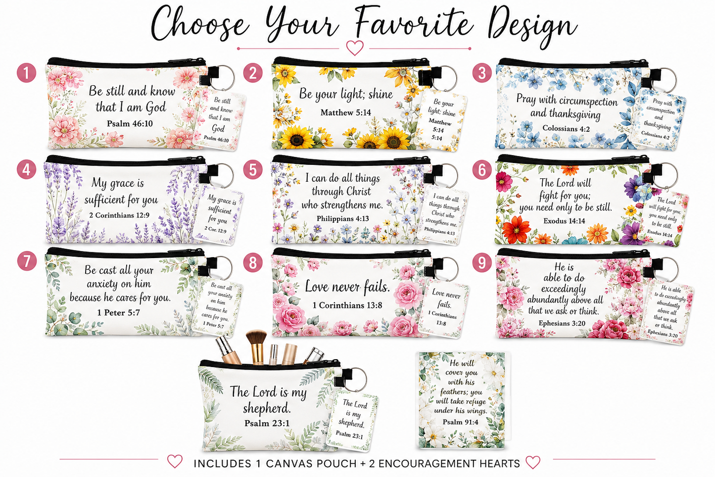 Christian Canvas Zipper Pouch Gift Set with 2 Wooden Encouragement Hearts | Keep One, Give One