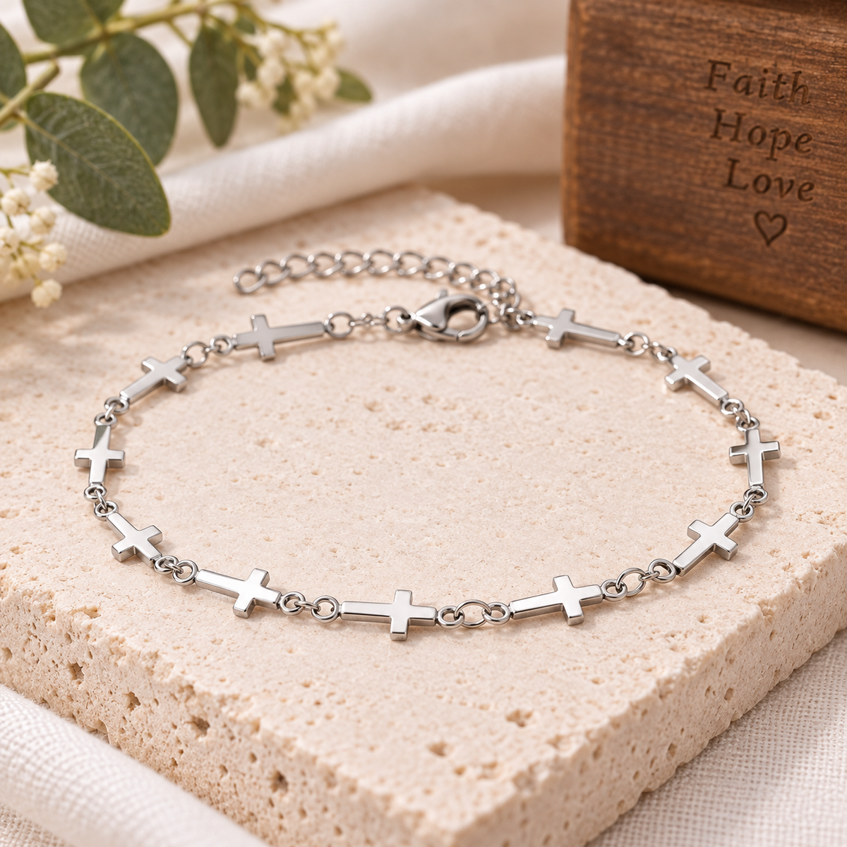 Silver Cross Bracelet – Stainless Steel Adjustable Christian Bracelet