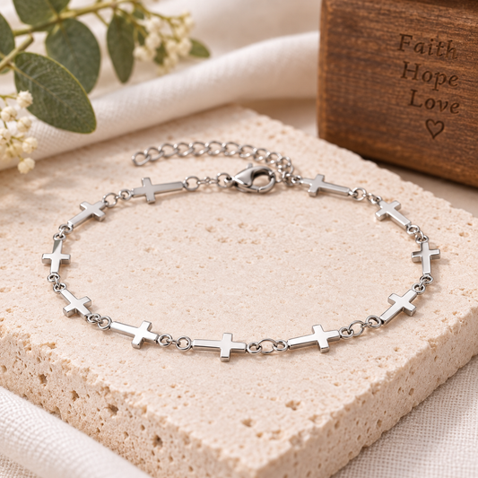 Silver Cross Bracelet – Stainless Steel Adjustable Christian Bracelet