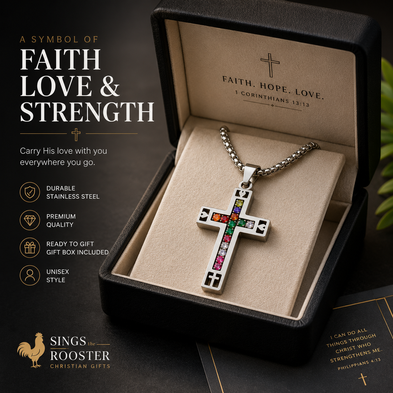 Stainless Steel Cross Necklace with Colorful Crystal Inlay | Christian Faith Pendant
