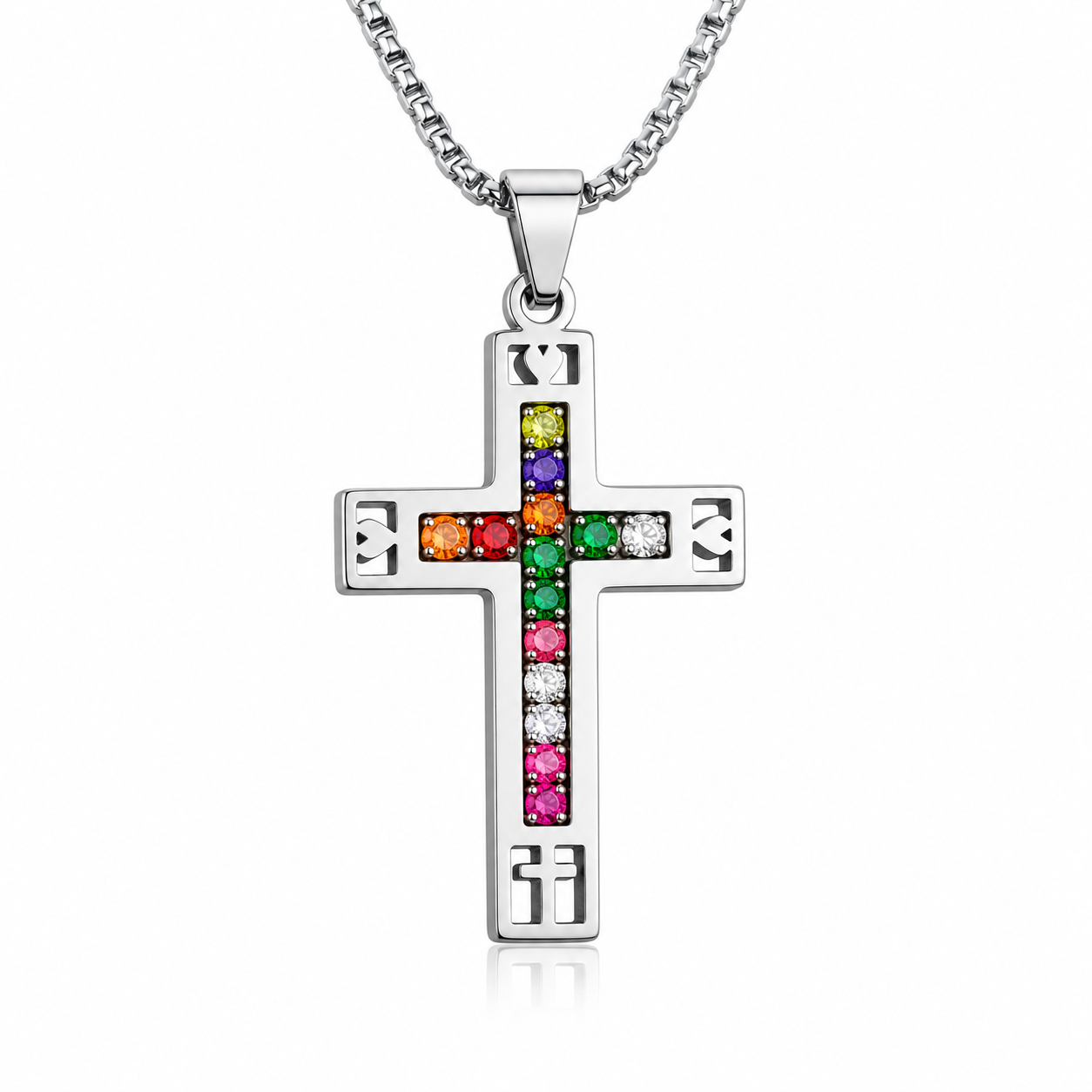 Stainless Steel Cross Necklace with Colorful Crystal Inlay | Christian Faith Pendant