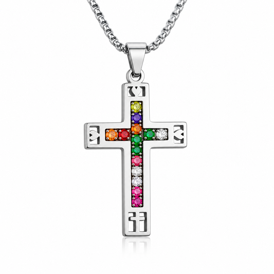 Stainless Steel Cross Necklace with Colorful Crystal Inlay | Christian Faith Pendant