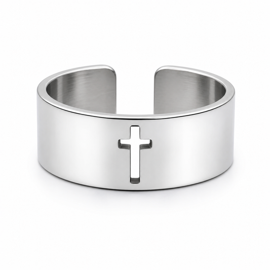 Stainless Steel Cross Band Ring | Adjustable Christian Faith Ring