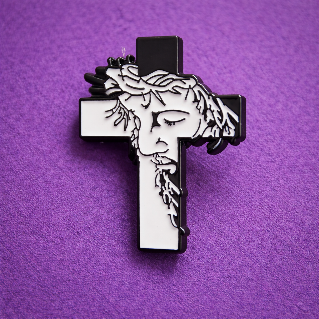 Jesus on the Cross Lapel Pin – Black and White Faith Design