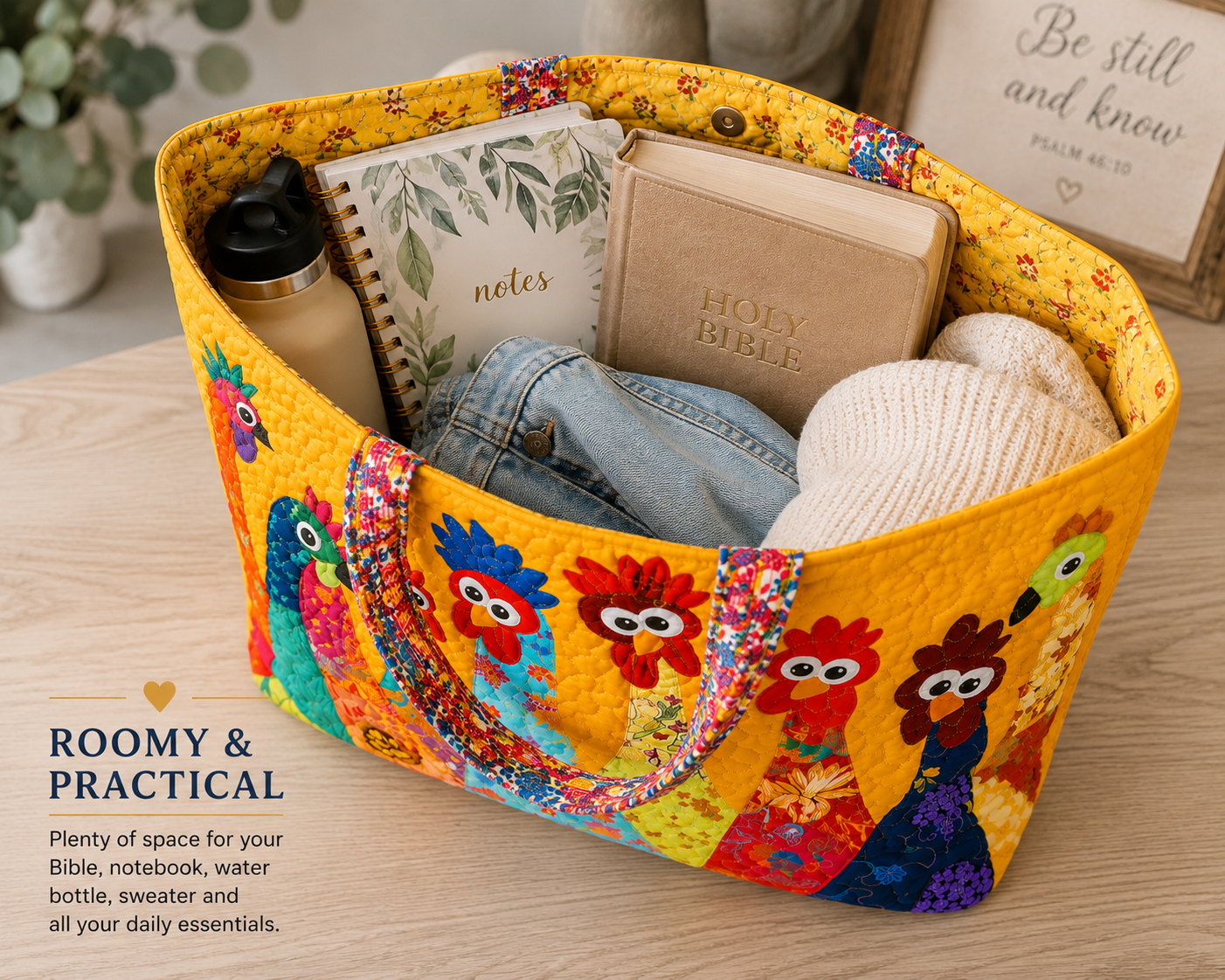 Colorful Quilted Rooster Tote Bag | Large Patchwork Carryall