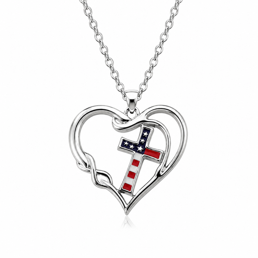 American Flag Cross Heart Necklace | Patriotic Christian Pendant
