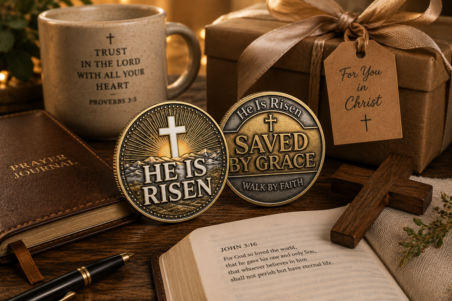 He Is Risen | Saved By Grace Christian Prayer Coin