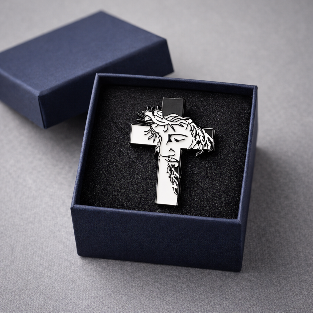 Jesus on the Cross Lapel Pin – Black and White Faith Design