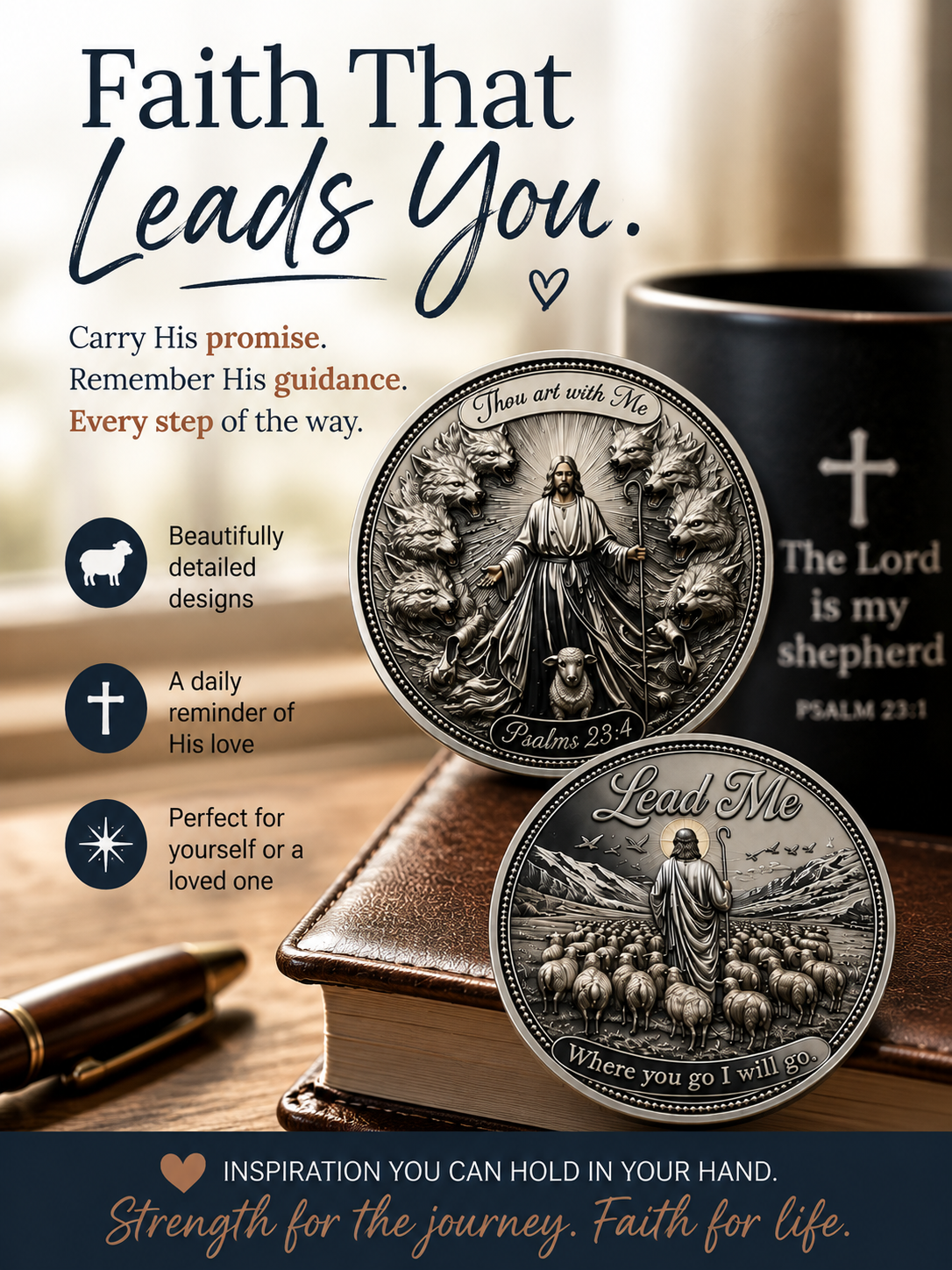 Lead Me Christian Challenge Coin • Psalm 23 Faith Gift