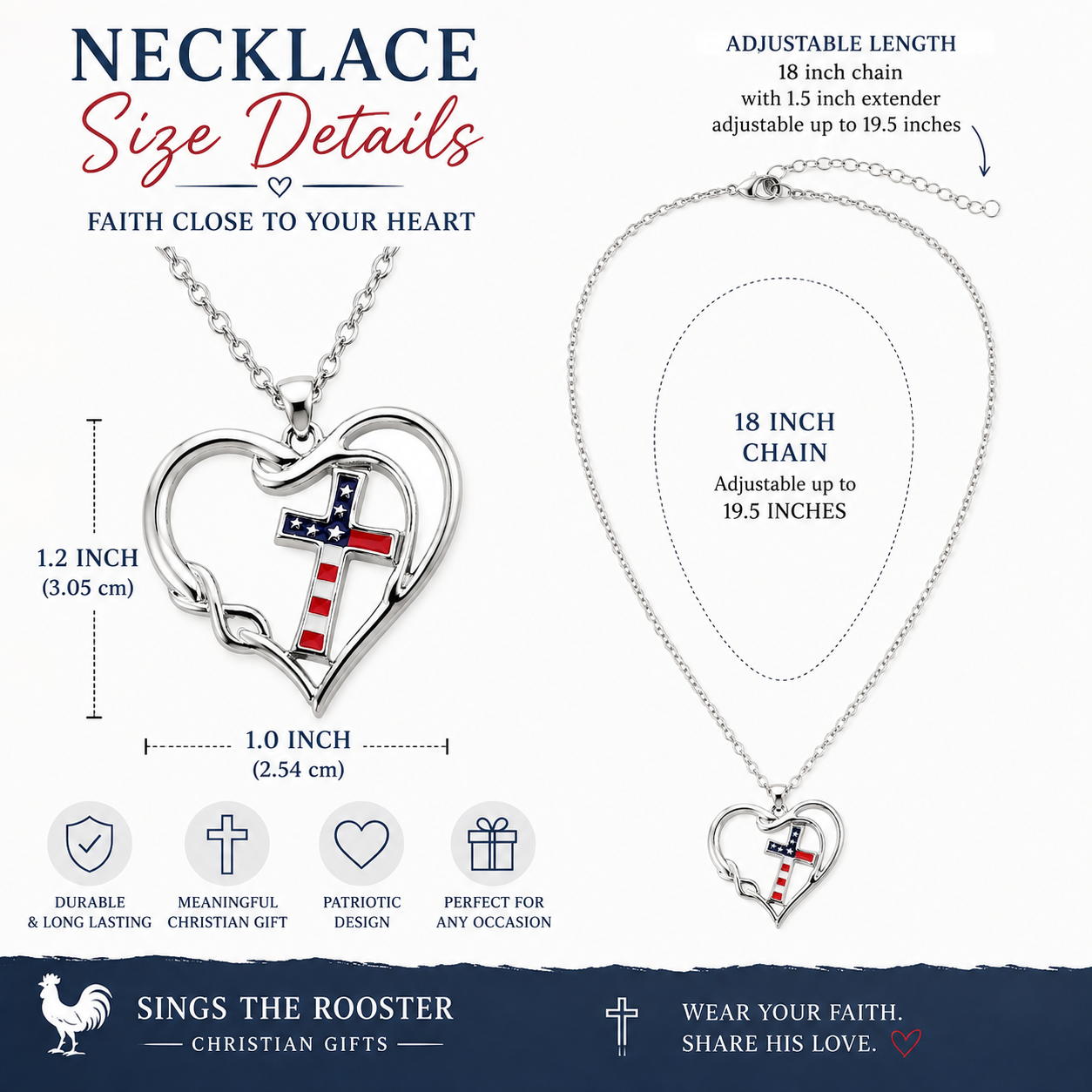 American Flag Cross Heart Necklace | Patriotic Christian Pendant