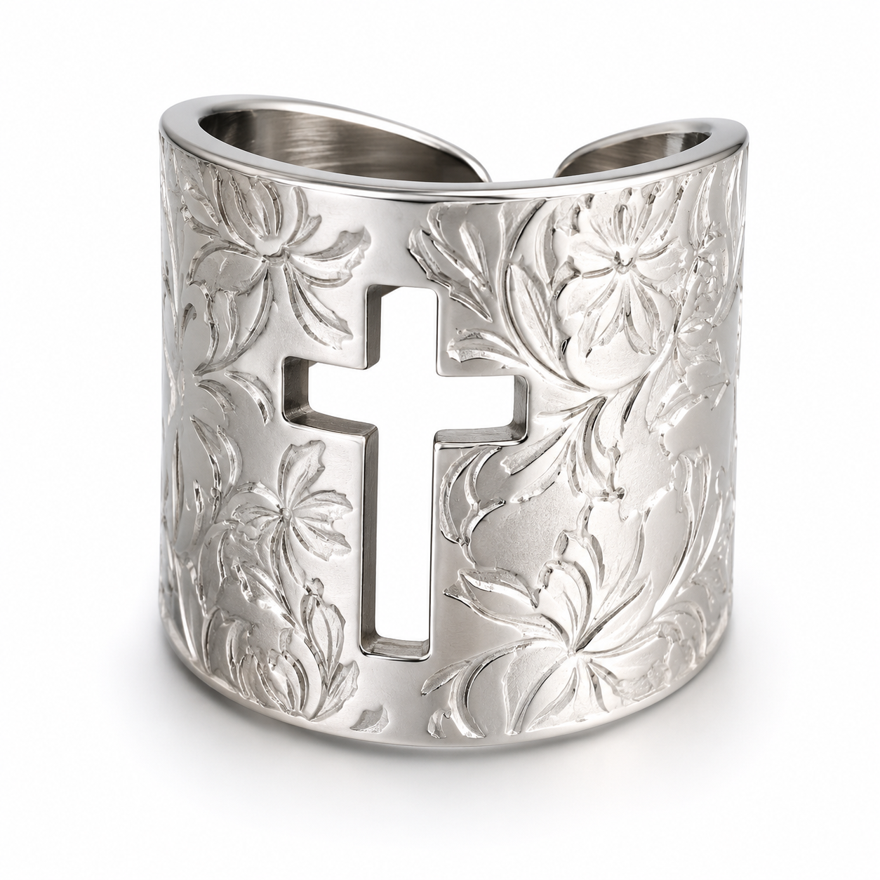 Engraved Cross Wide Band Ring | Adjustable Stainless Steel Christian Statement Ring