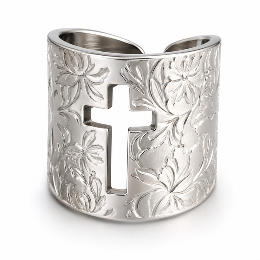 Engraved Cross Wide Band Ring | Adjustable Stainless Steel Christian Statement Ring