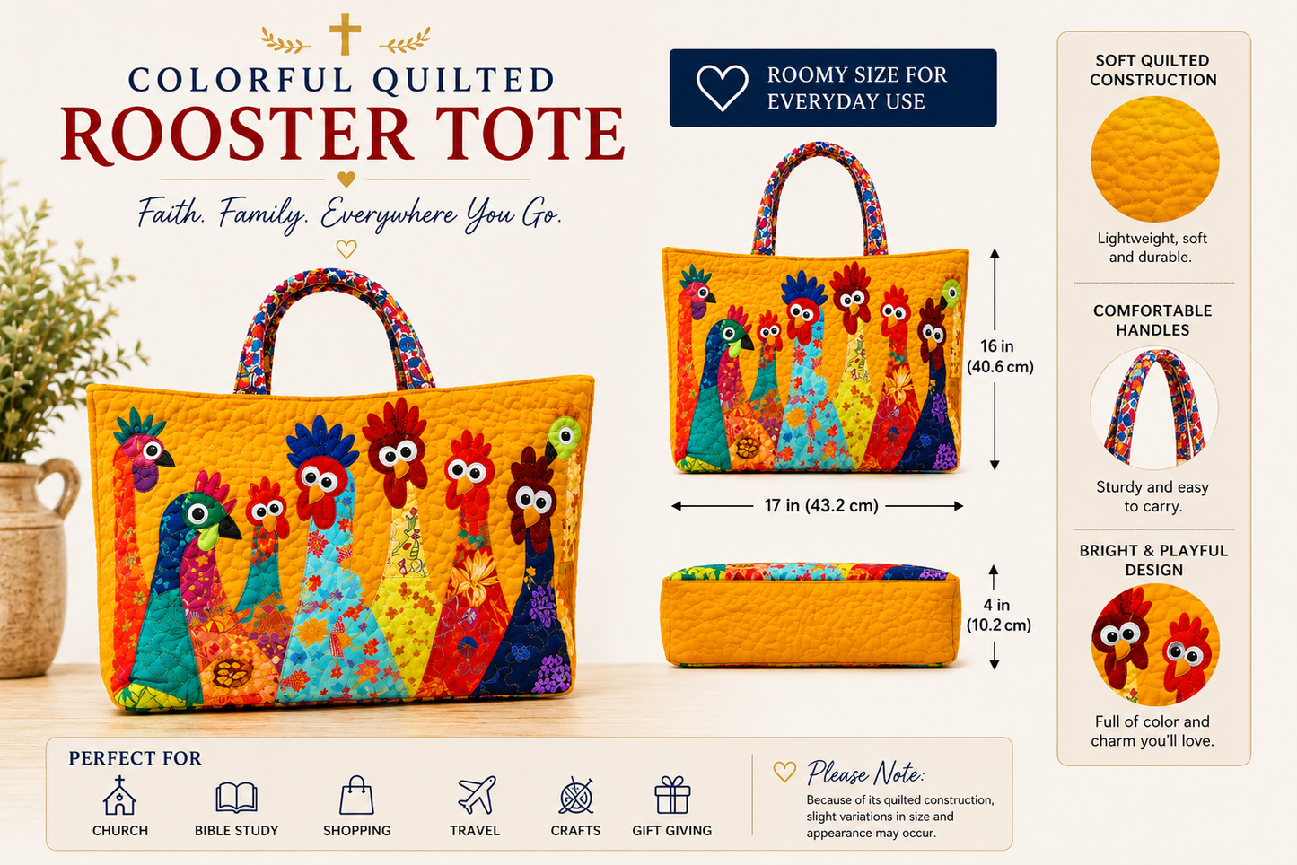 Colorful Quilted Rooster Tote Bag | Carryall - Gold